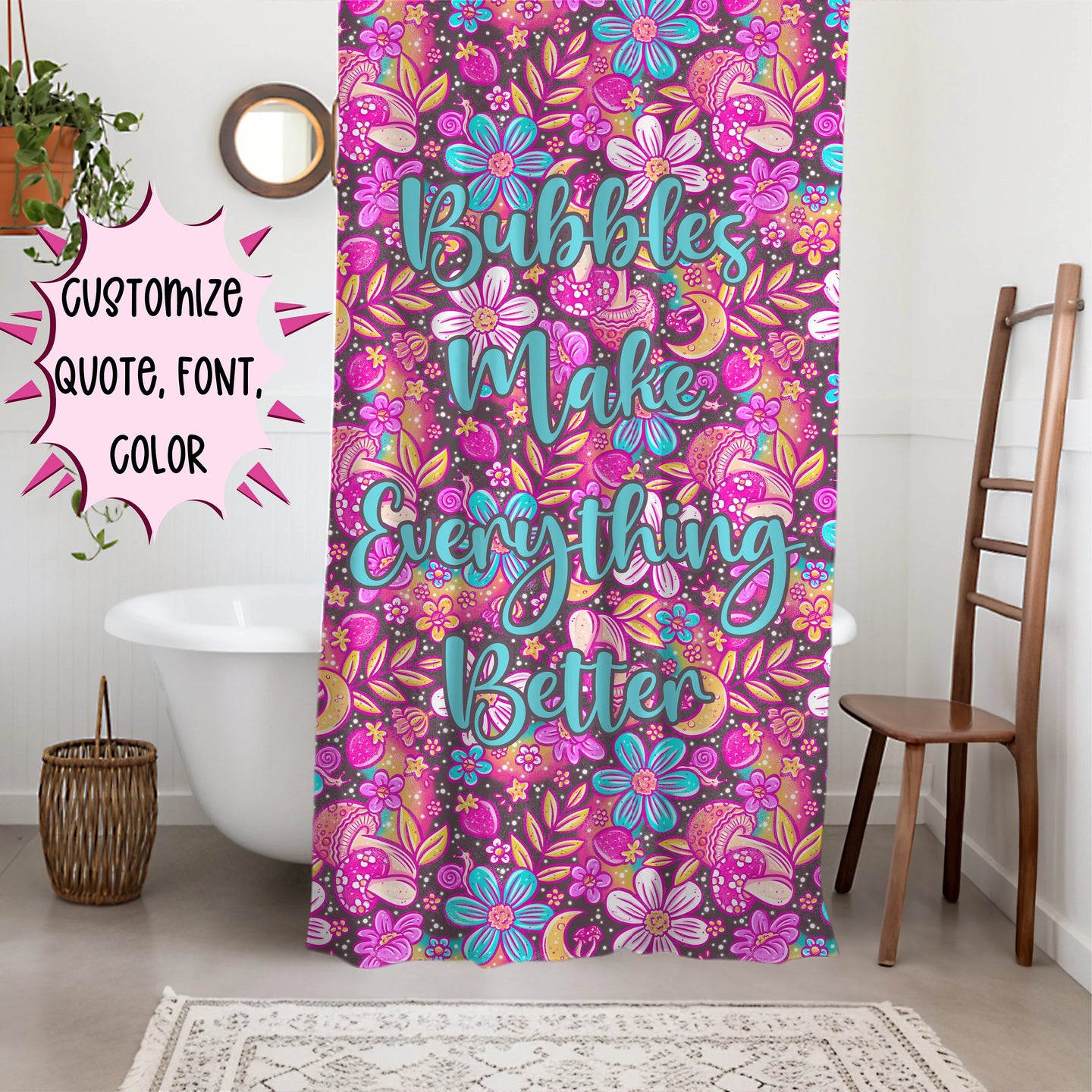 Personalized Pink Boho Shower Curtain